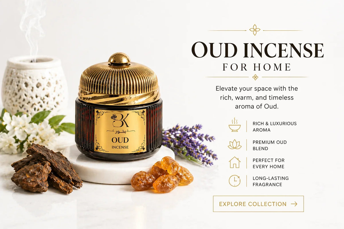 Luxury oud incense for home with amber, lavender, and sandalwood elements