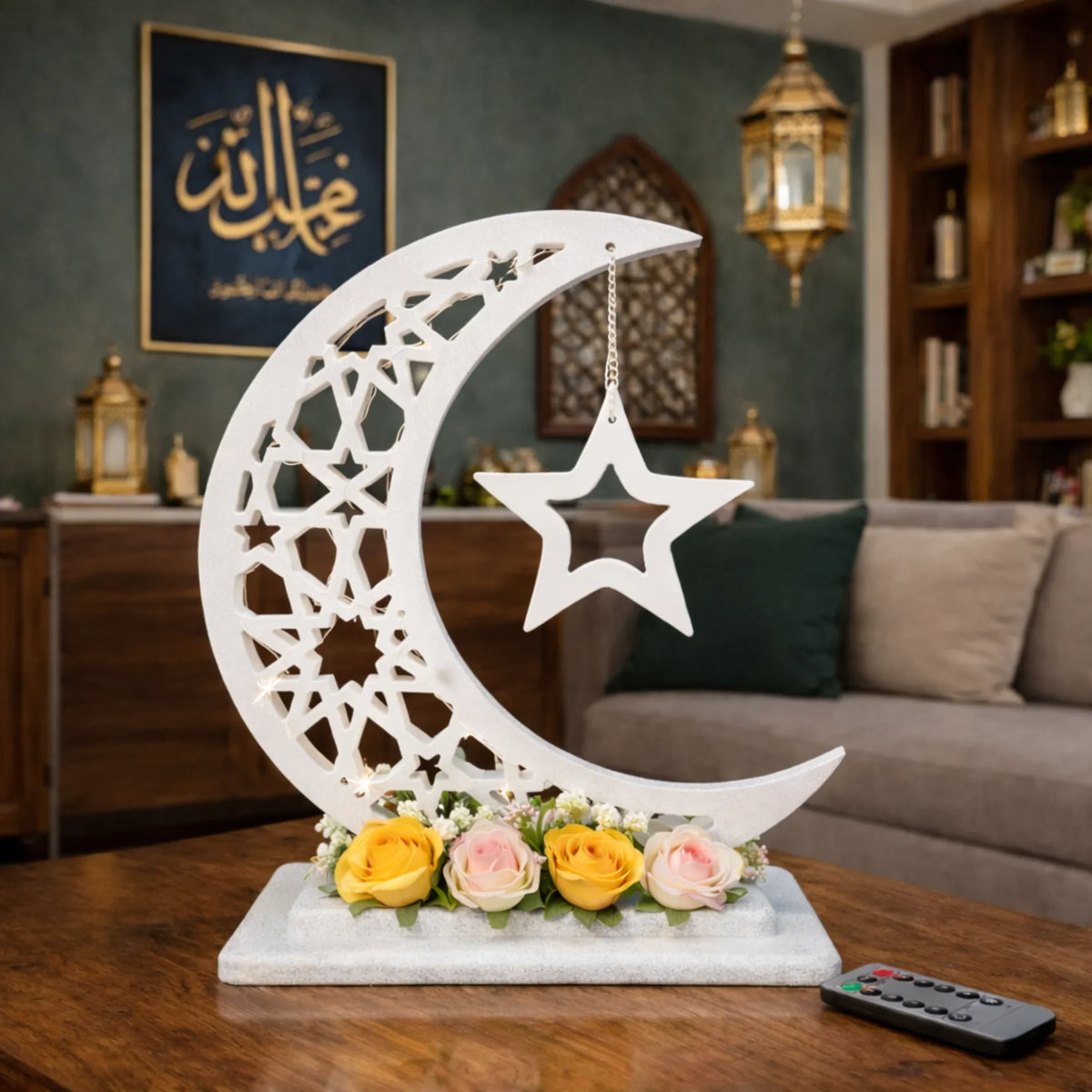 Handmade wooden Ramadan crescent moon decoration, 80 cm