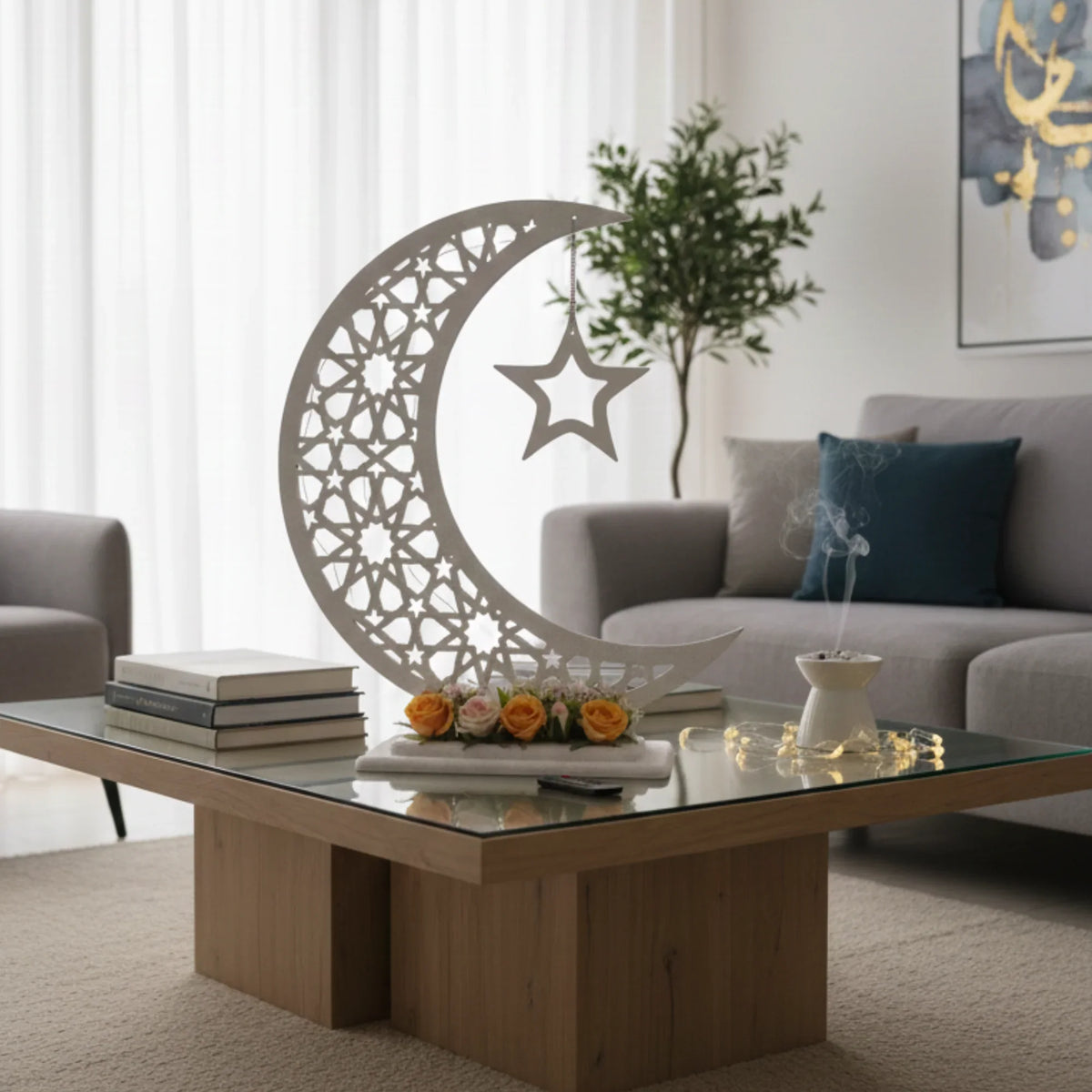 Handmade wooden Ramadan crescent moon decoration, 80 cm Handmade wooden Ramadan Hilal - White