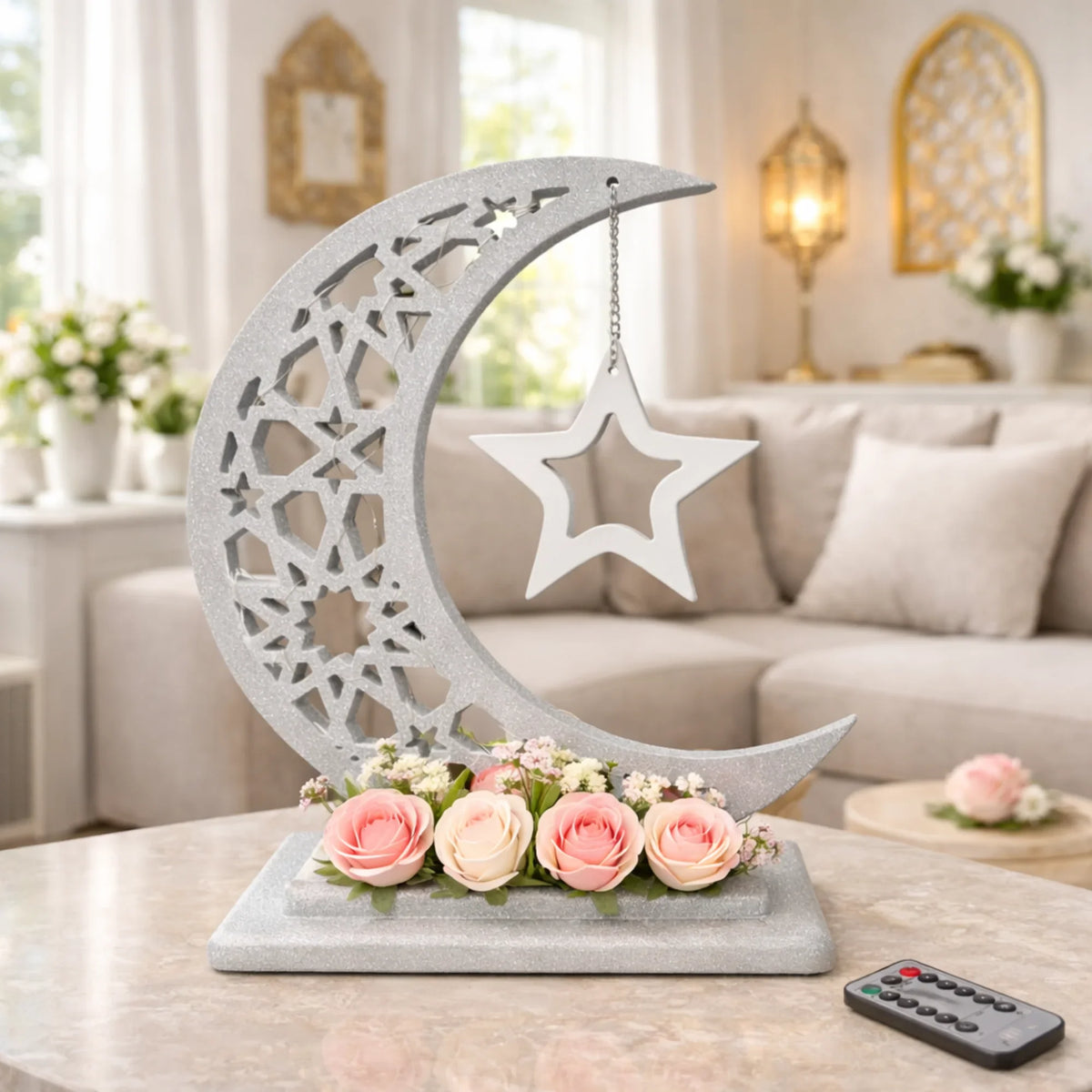 Handmade wooden Ramadan decorations for festive home decor هلال رمضان صناعة يدوية من الخشب - رمادي