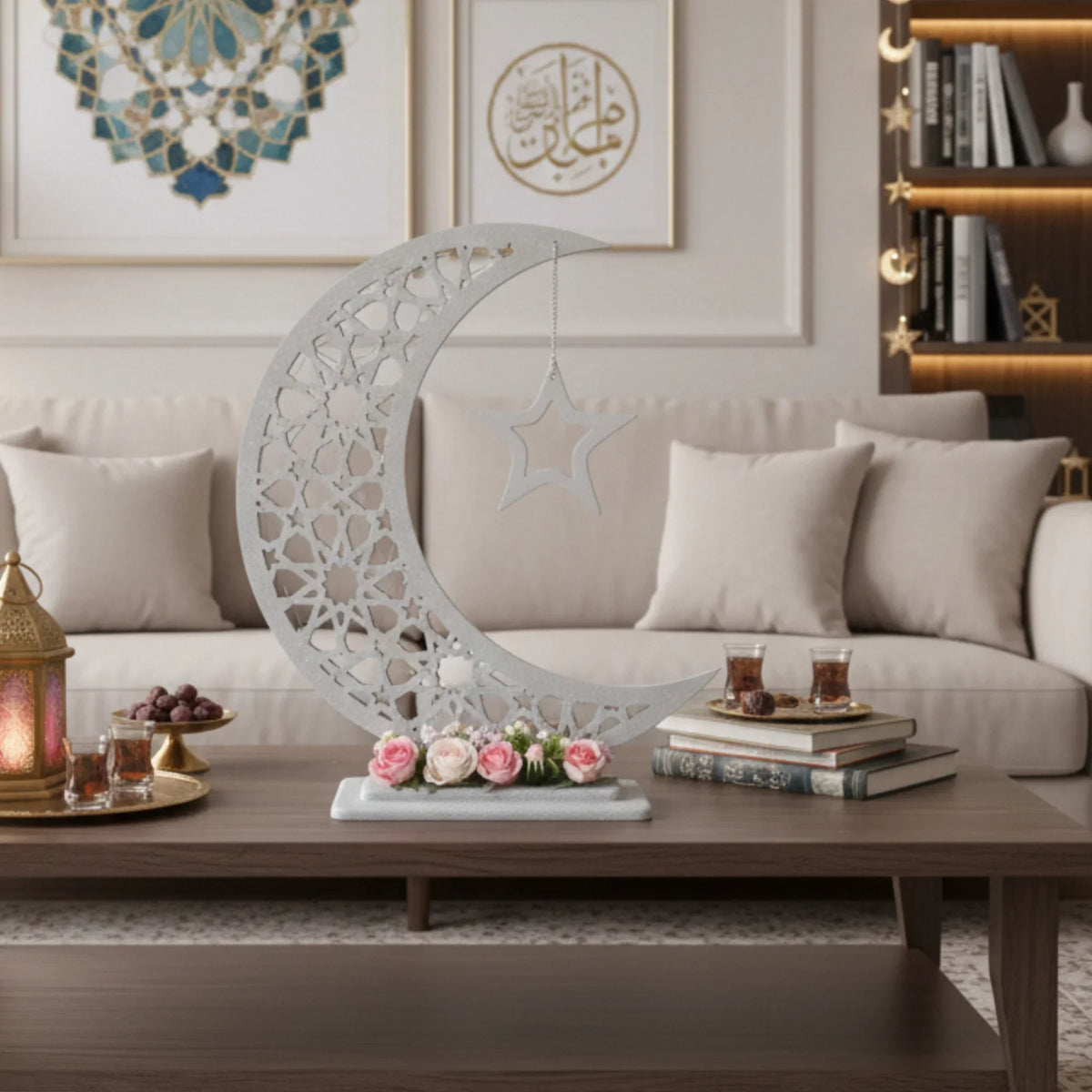 Handmade wooden Ramadan decorations for festive home decor هلال رمضان صناعة يدوية من الخشب - رمادي