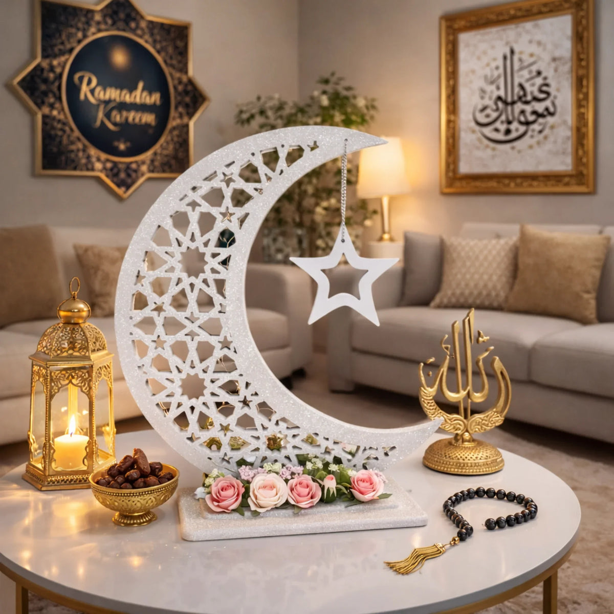 هلال رمضان صناعة يدوية من الخشب - رمادي