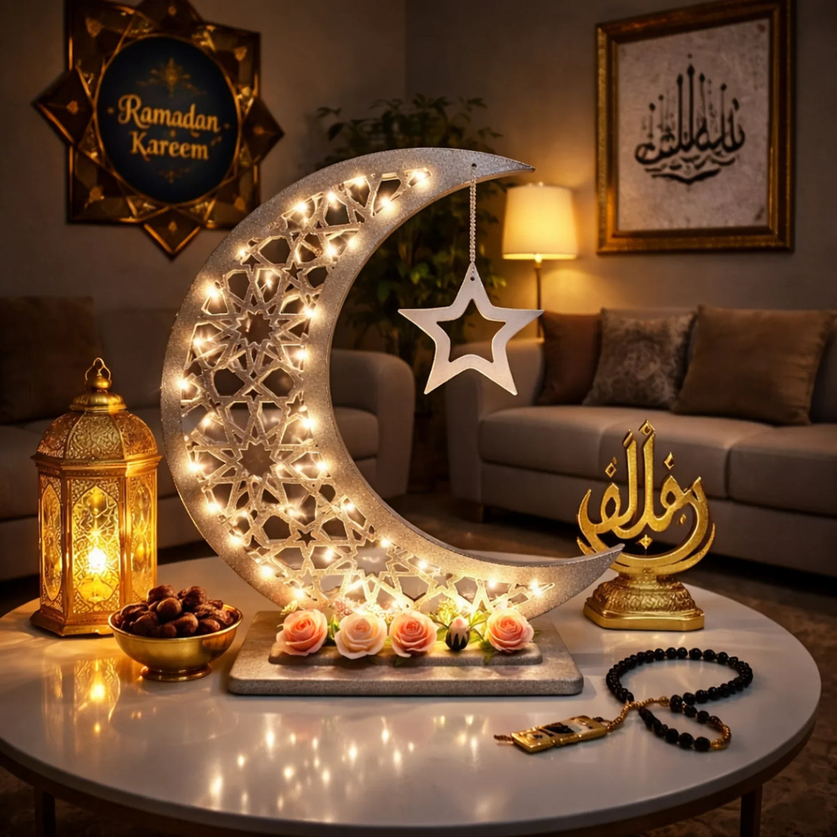Handmade wooden Ramadan decorations for festive home decor هلال رمضان صناعة يدوية من الخشب - رمادي