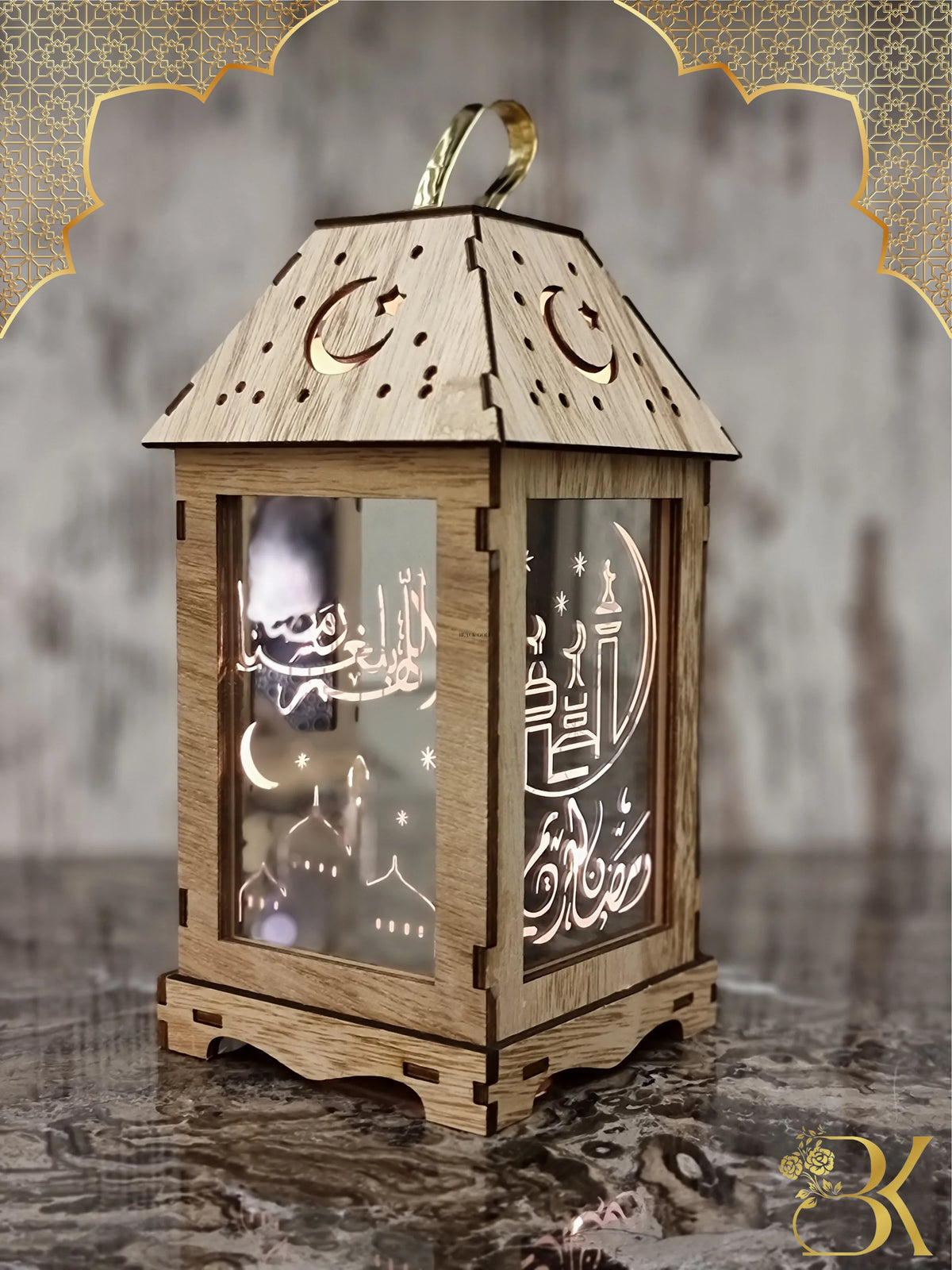 Wooden and glass Ramadan lantern for festive home decoration فانوس رمضان مصنوع من الخشب والزجاج