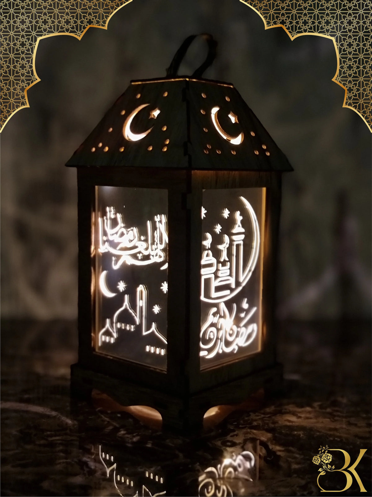 Wooden and glass Ramadan lantern for festive home decoration فانوس رمضان مصنوع من الخشب والزجاج