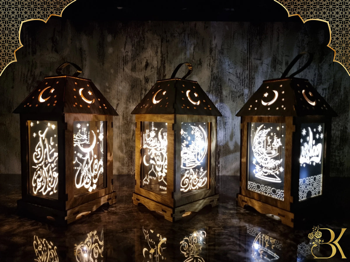 Wooden and glass Ramadan lantern for festive home decoration فانوس رمضان مصنوع من الخشب والزجاج
