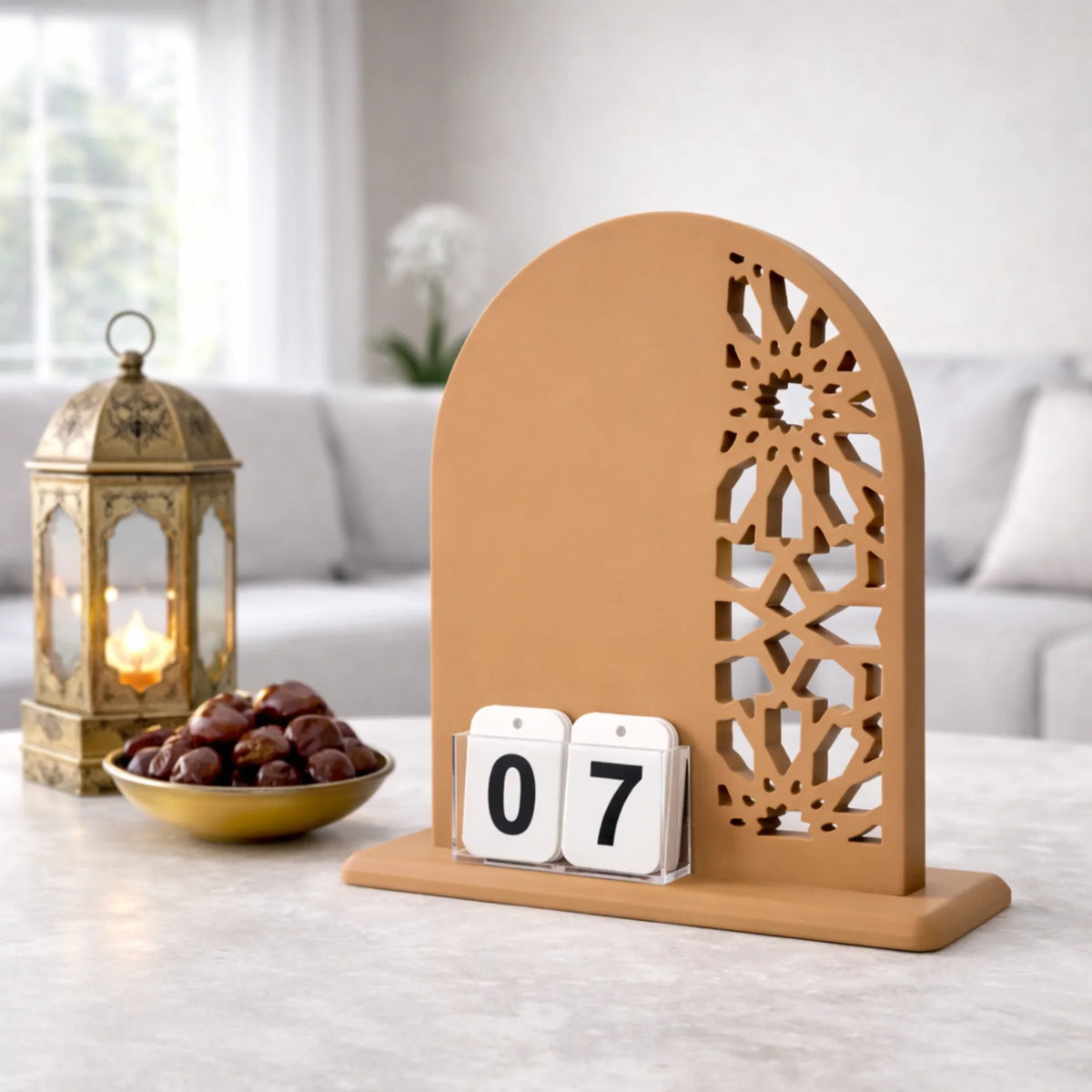 Matte brown wooden Ramadan calendar with countdown markers. تقويم رمضان صناعة يدوية من الخشب - بني مطفي