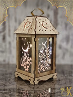 Wooden and glass Ramadan lantern for festive home decoration فانوس رمضان مصنوع من الخشب والزجاج