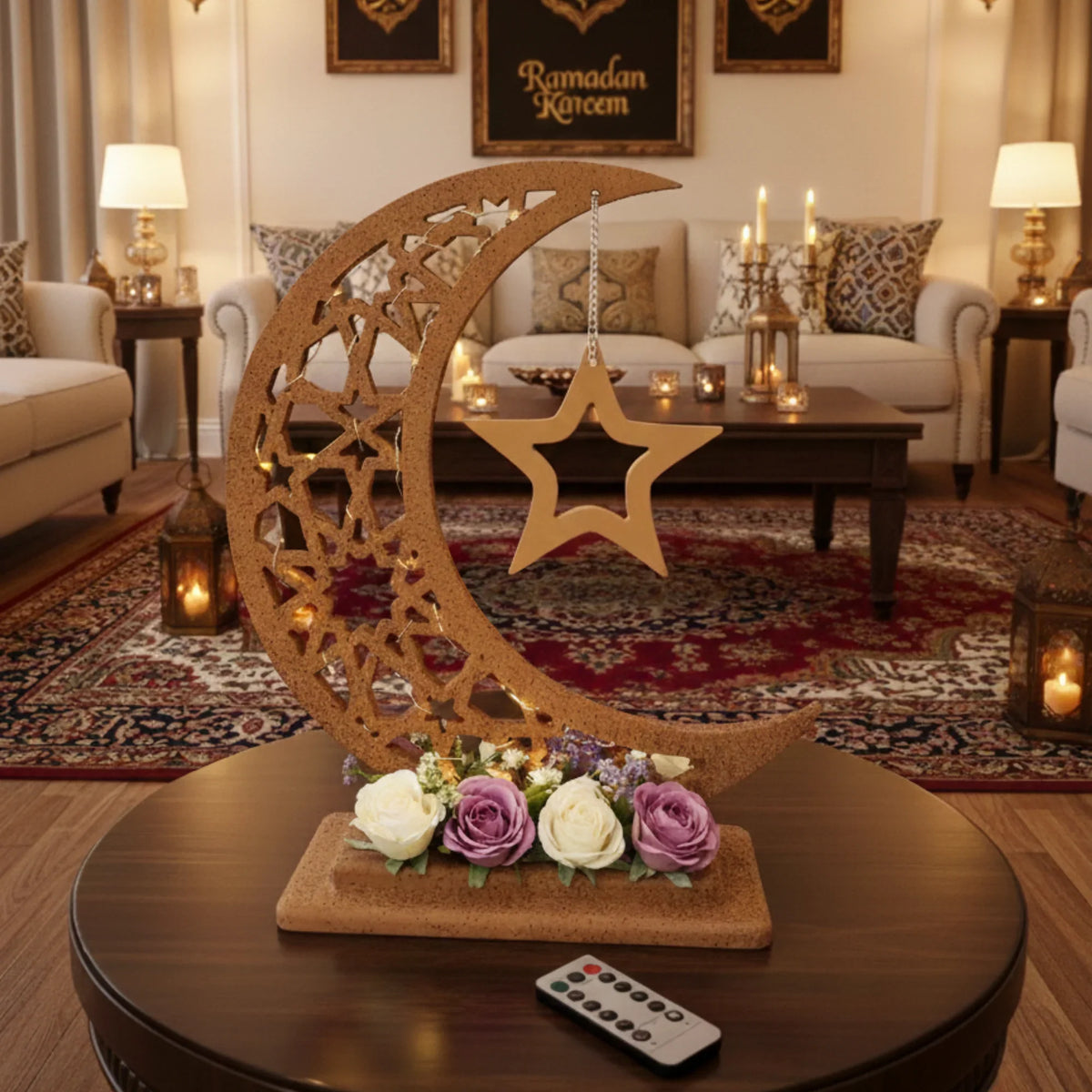 Handmade wooden Ramadan crescent moon decoration, 40 cm Handmade wooden Ramadan Hilal - Brown
