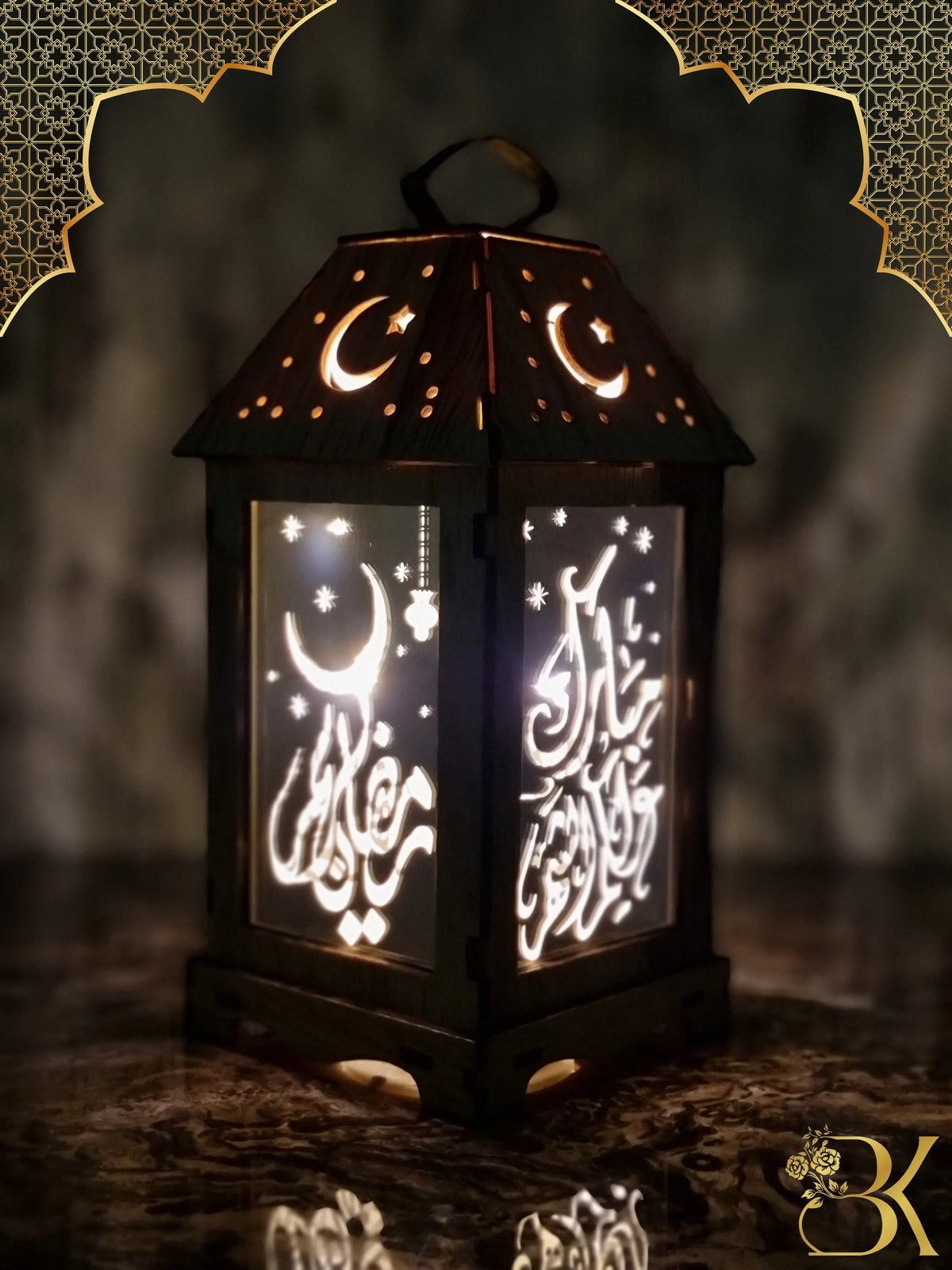 Wooden and glass Ramadan lantern for festive home decoration فانوس رمضان مصنوع من الخشب والزجاج