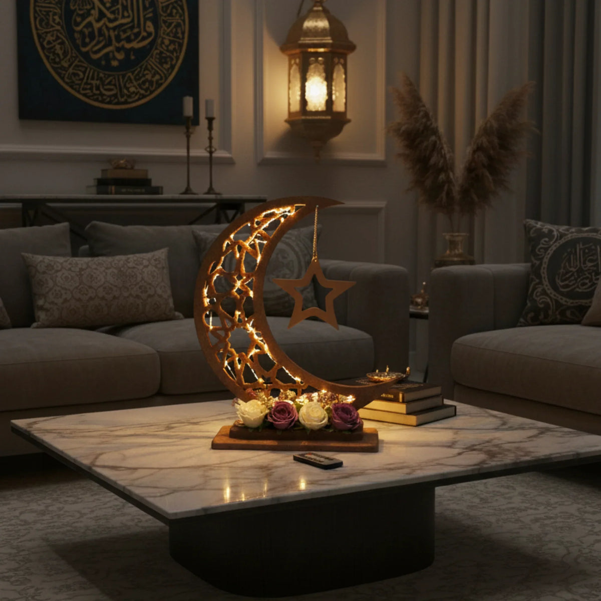 Handmade wooden Ramadan crescent moon decoration, 40 cm Handmade wooden Ramadan Hilal - Brown