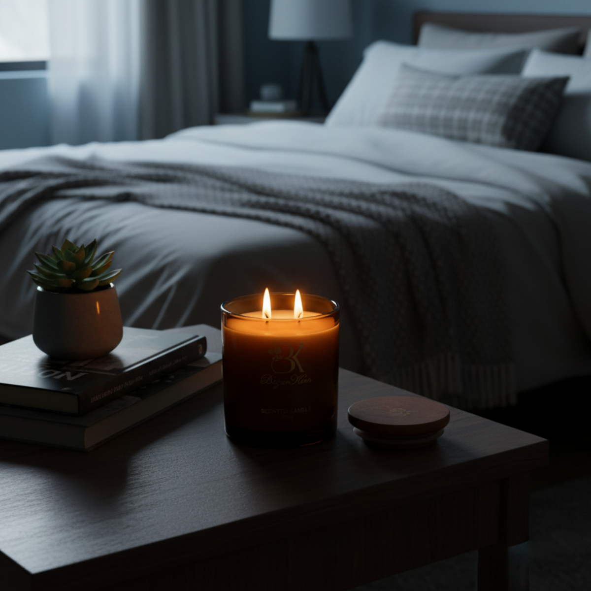 Bazarkom scented candle on a wooden table