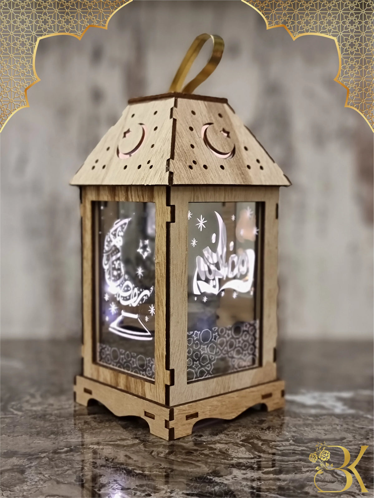 Wooden and glass Ramadan lantern for festive home decoration فانوس رمضان مصنوع من الخشب والزجاج