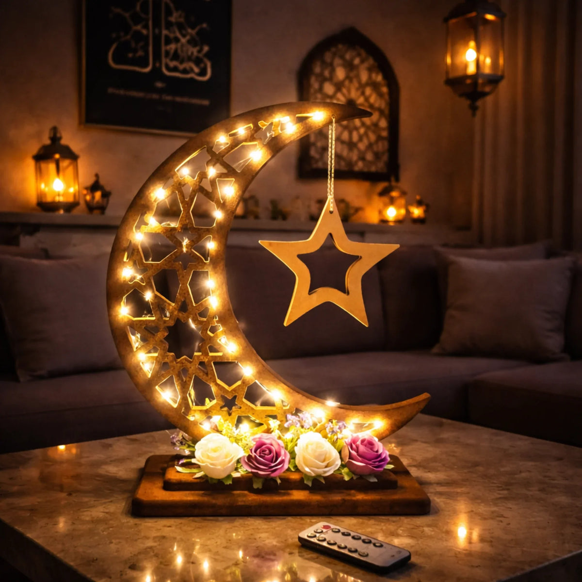 Handmade wooden Ramadan crescent moon decoration, 40 cm Handmade wooden Ramadan Hilal - Brown