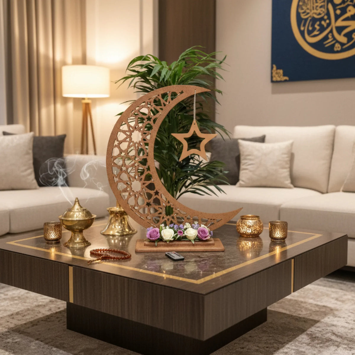 Handmade wooden Ramadan crescent moon decoration, 40 cm Handmade wooden Ramadan Hilal - Brown