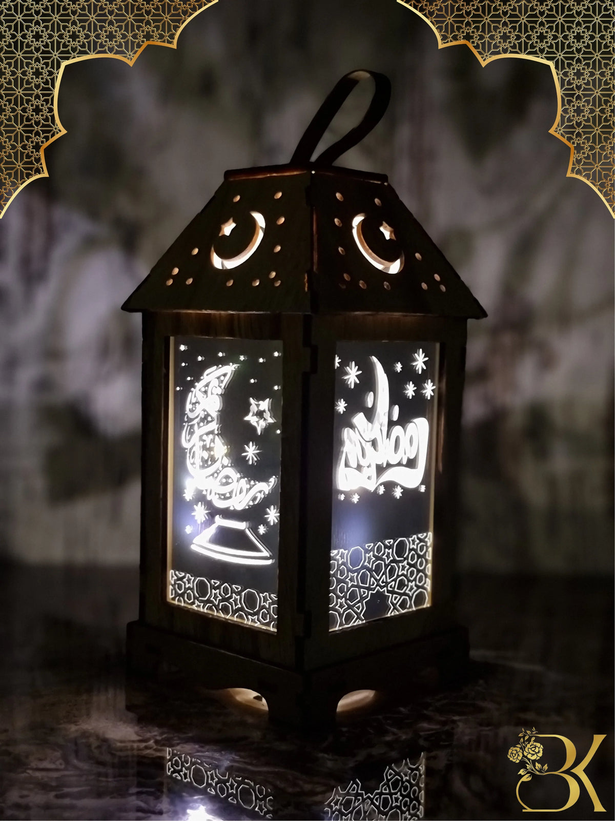 Wooden and glass Ramadan lantern for festive home decoration فانوس رمضان مصنوع من الخشب والزجاج