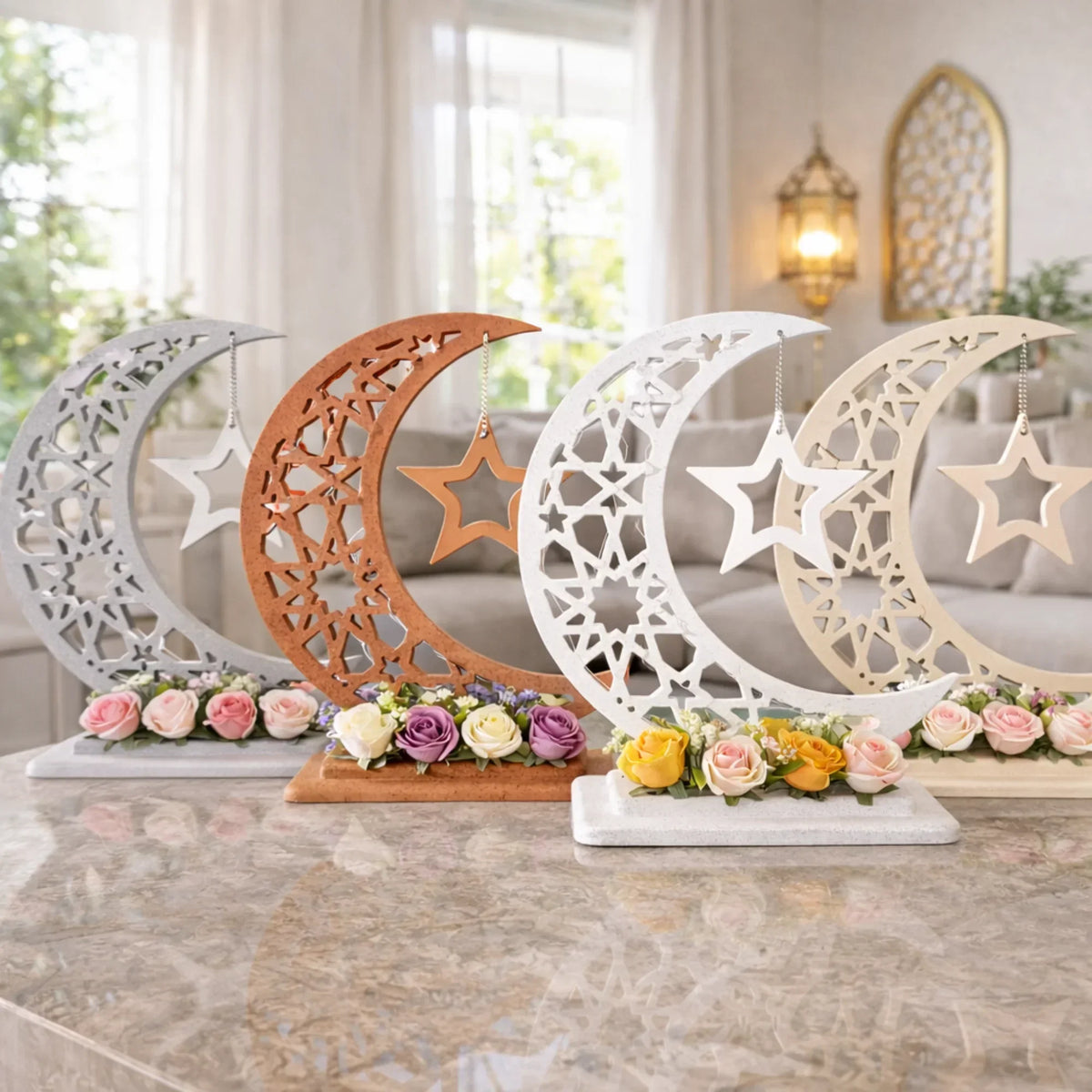 Handmade wooden Ramadan crescent moon decoration, 40 cm Handmade wooden Ramadan Hilal - Brown
