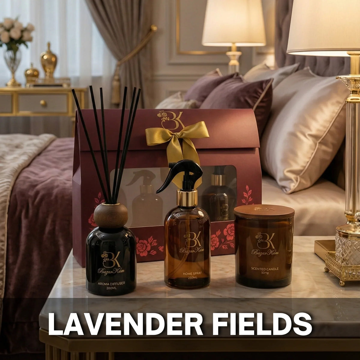 Lavender home fragrance set with coordinated scented products
