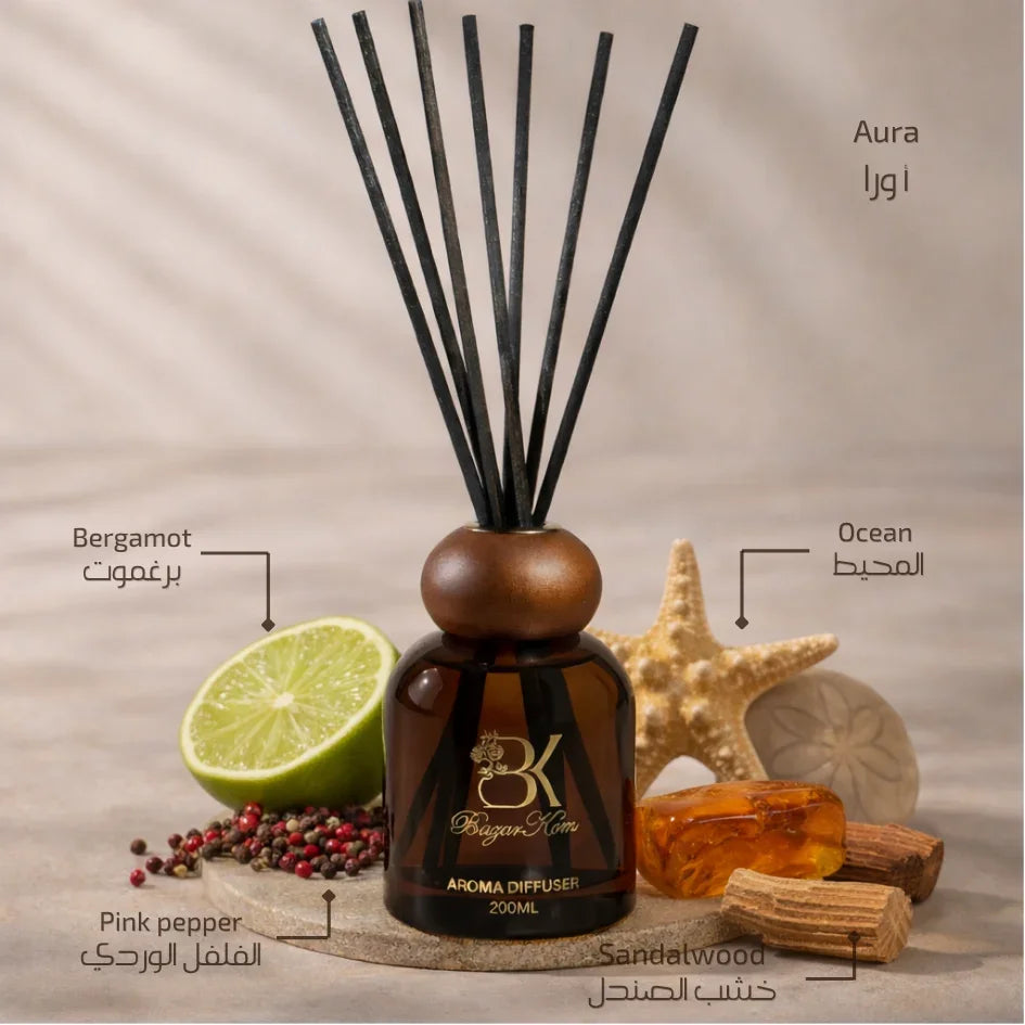 Aura reed aroma diffuser with glass bottle and fragrance reeds