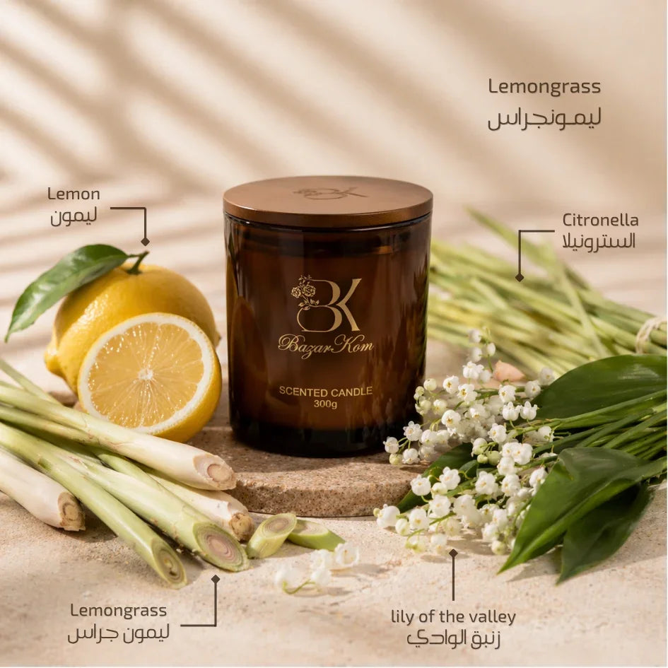 Lemongrass scented candle in a decorative glass jar