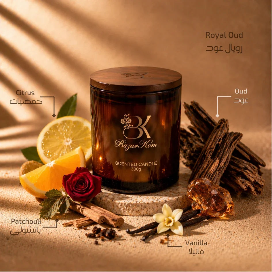Royal Oud scented candle in a decorative glass jar رويال عود - شمعة
