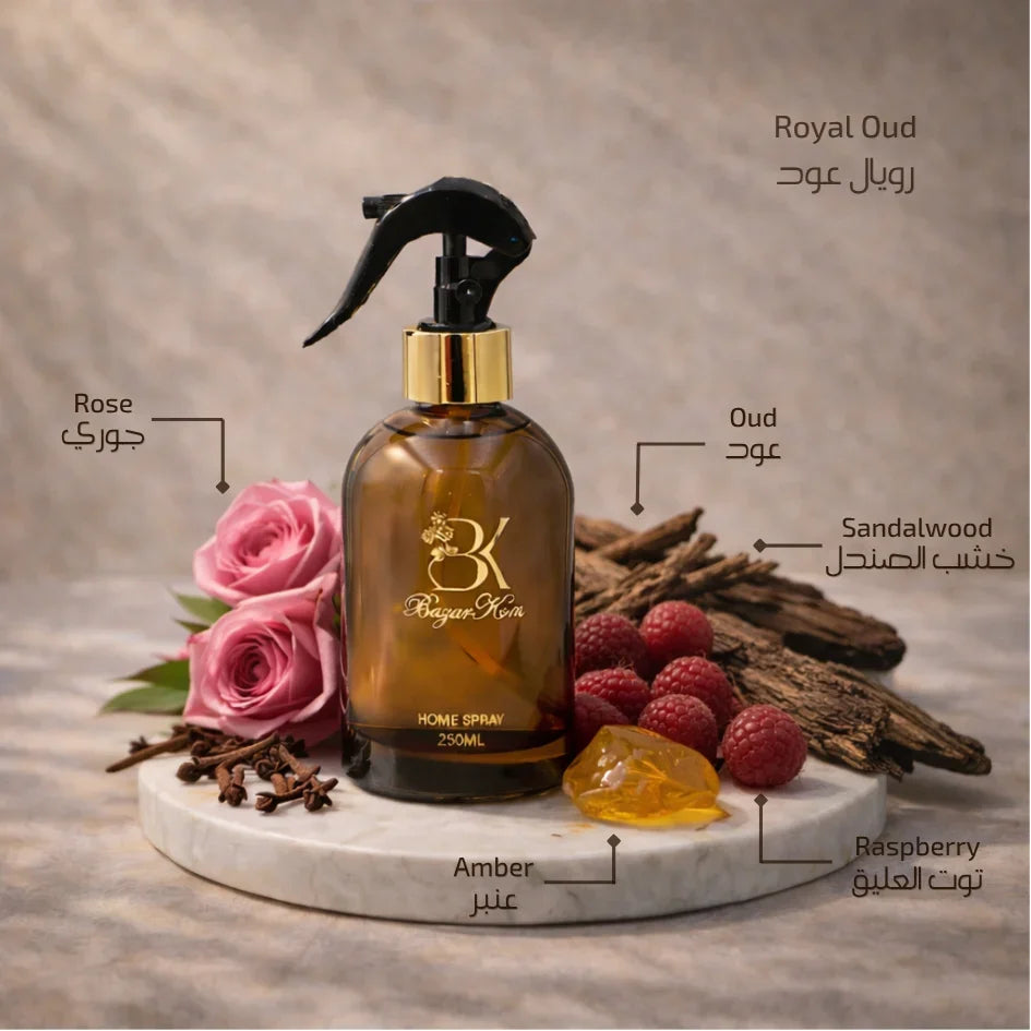 Royal Oud scented home spray in a decorative fragrance bottle