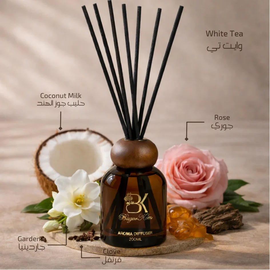 White Tea reed aroma diffuser with glass bottle and fragrance reeds