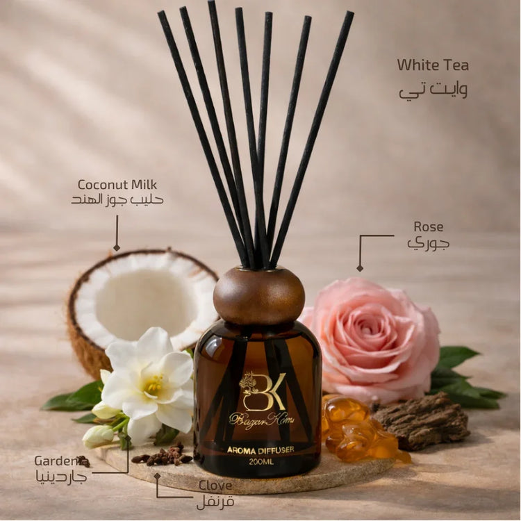 White Tea reed aroma diffuser with glass bottle and fragrance reeds