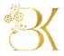 A decorative gold monogram-style emblem with floral and vine elements on the left, integrated into large ornate letters on a plain white background.